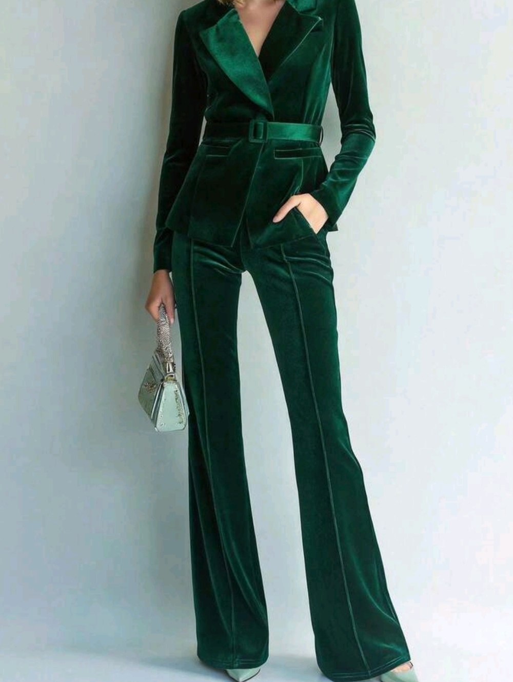 Elegant Women's Long Sleeve Shawl Collar Velvet Pant Suit With Belted